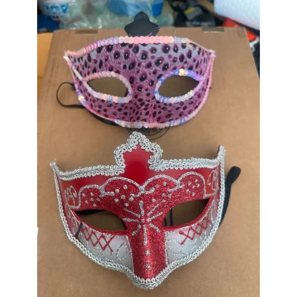 Lot of 2 Venetian Masquerade Masks Women's Eye mask Pink & Red Halloween Costume